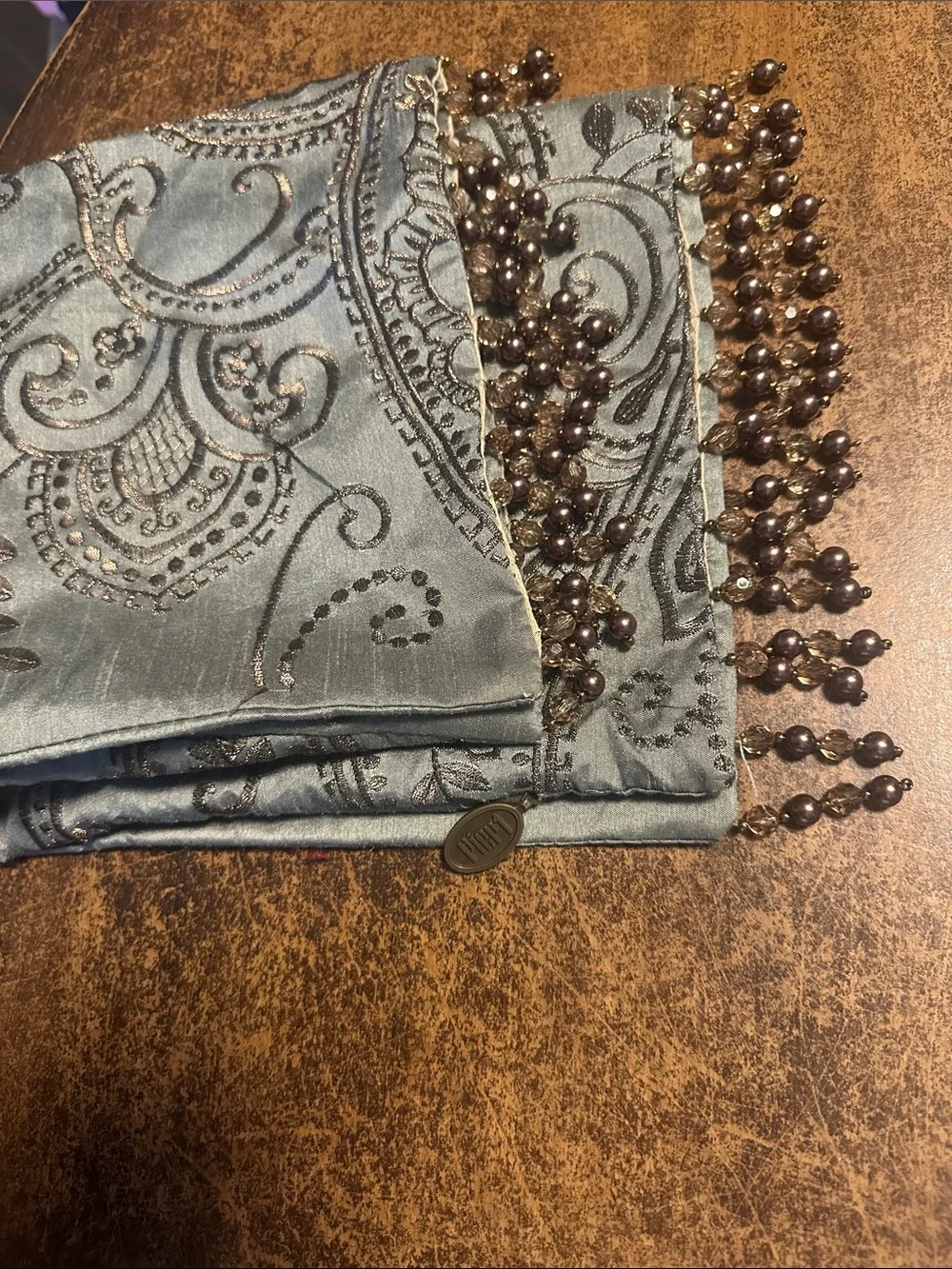 Pier 1 Embroidered Paisley Beaded pillow cover - Seafoam Blue and Bronze